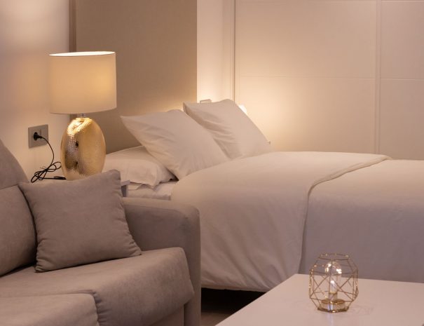 Sofá y cama del Estudio Deluxe. Apartamentos Turísticos Palacio de Yolanda (Zamora)