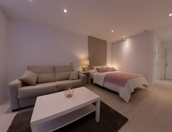 Zona de estar y cama del Estudio Deluxe. Apartamentos Turísticos Palacio de Yolanda (Zamora)